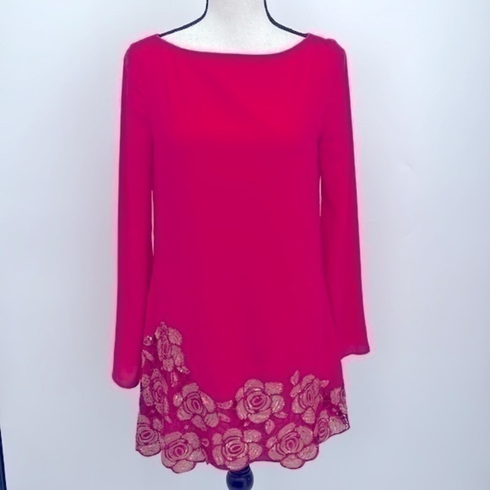 UEC Marciano hot pink long sleeve mini shift dress gold embroidered hem XS